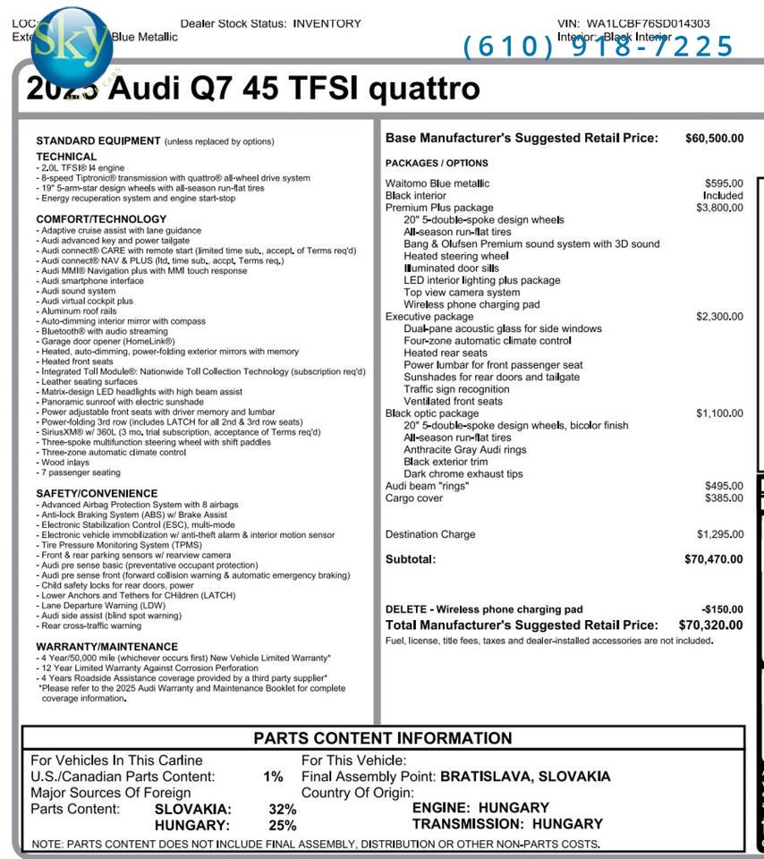 2025 Audi Q7 Quattro AWD Premium Plus BLACK OPTIC PKG