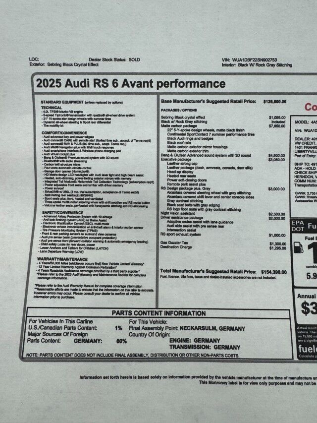 2025 Audi RS 6 Avant Performance ($154,390 MSRP) *MATTE CARBON PACKAGE* *B&O SOUND* *EXECUTIVE PKG* *RS DESIGN PKG* *LOADED* San Diego CA