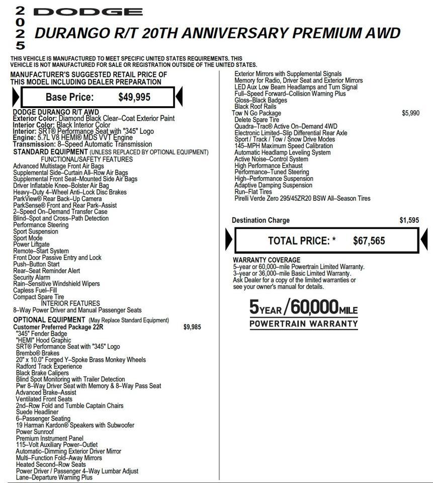 2025 Dodge Durango R/T 20th Anniversary Premium / AWD / Tow N Go Package High Point NC
