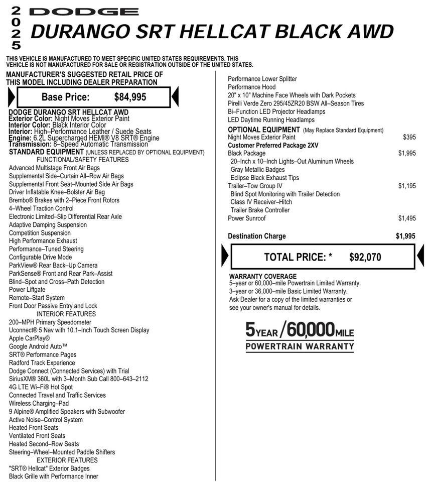2025 Dodge Durango SRT Hellcat / AWD / 6.2L Supercharged V8! Lincolnton NC