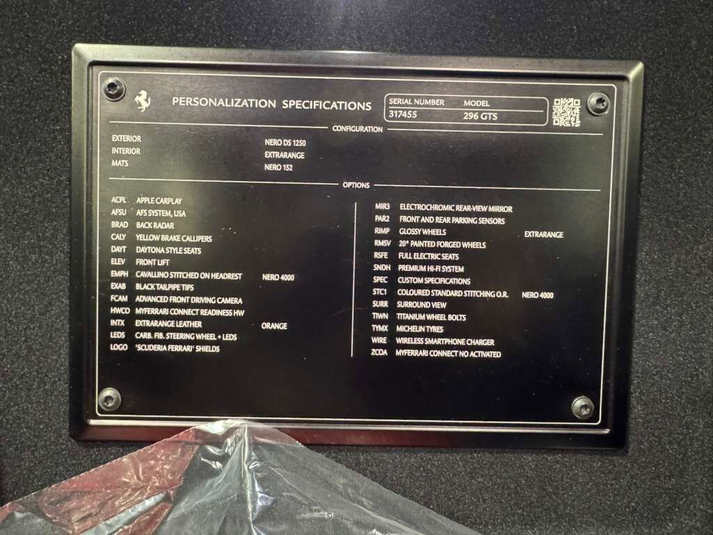 2025 Ferrari 296 GTS Nero B/B paint,Extra-Range interior,Daytona seats,surround view,JBL audio AND MUCH MUCH MORE!! Fort Lauderdale FL