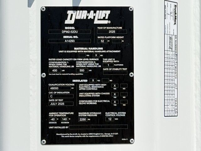 2025 Ford F-600XL 4X4 Dur-A-Lift DPM2-52DU 59' Insulated Bucket Truck Homestead FL