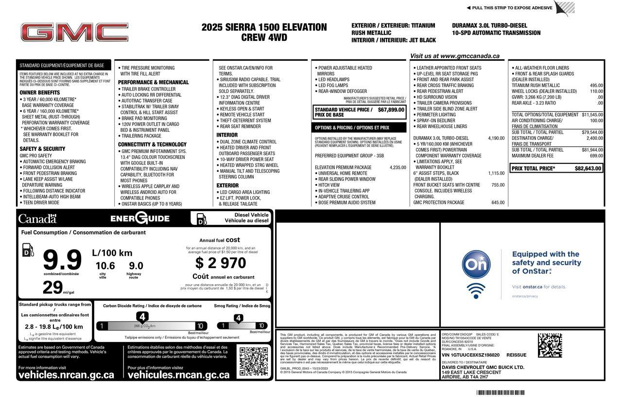 2025 GMC Sierra 1500 4x4 Crew Cab Elevation Diesel Leather Nav BCam Red Deer AB