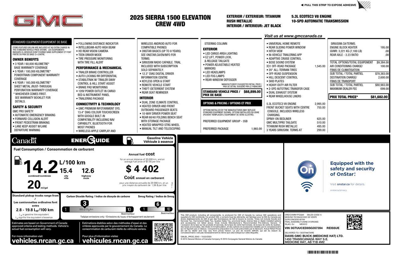 2025 GMC Sierra 1500 4x4 Crew Cab Elevation X31 Nav BCam Red Deer AB