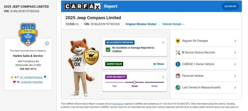 2025 Jeep Compass Limited - 1 OWNER - LOCAL TRADE IN Webster MA