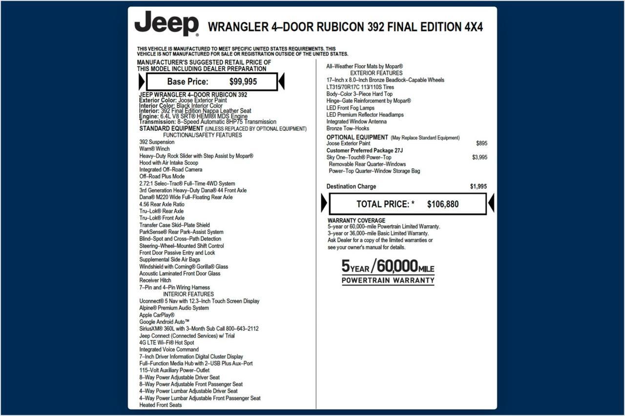 2025 Jeep Wrangler Rubicon 392 Final Edition 4X4 / Sky One Roof / NEW Tires Lincolnton NC