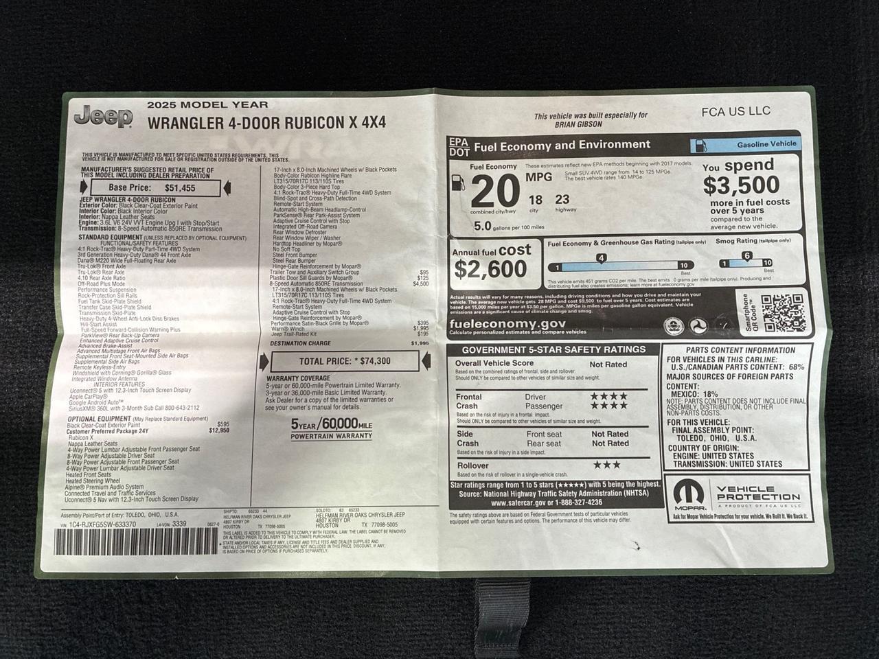 2025 Jeep Wrangler Rubicon X, Warn Winch, Trailer Tow & Switch Group, 1k Miles Houston TX