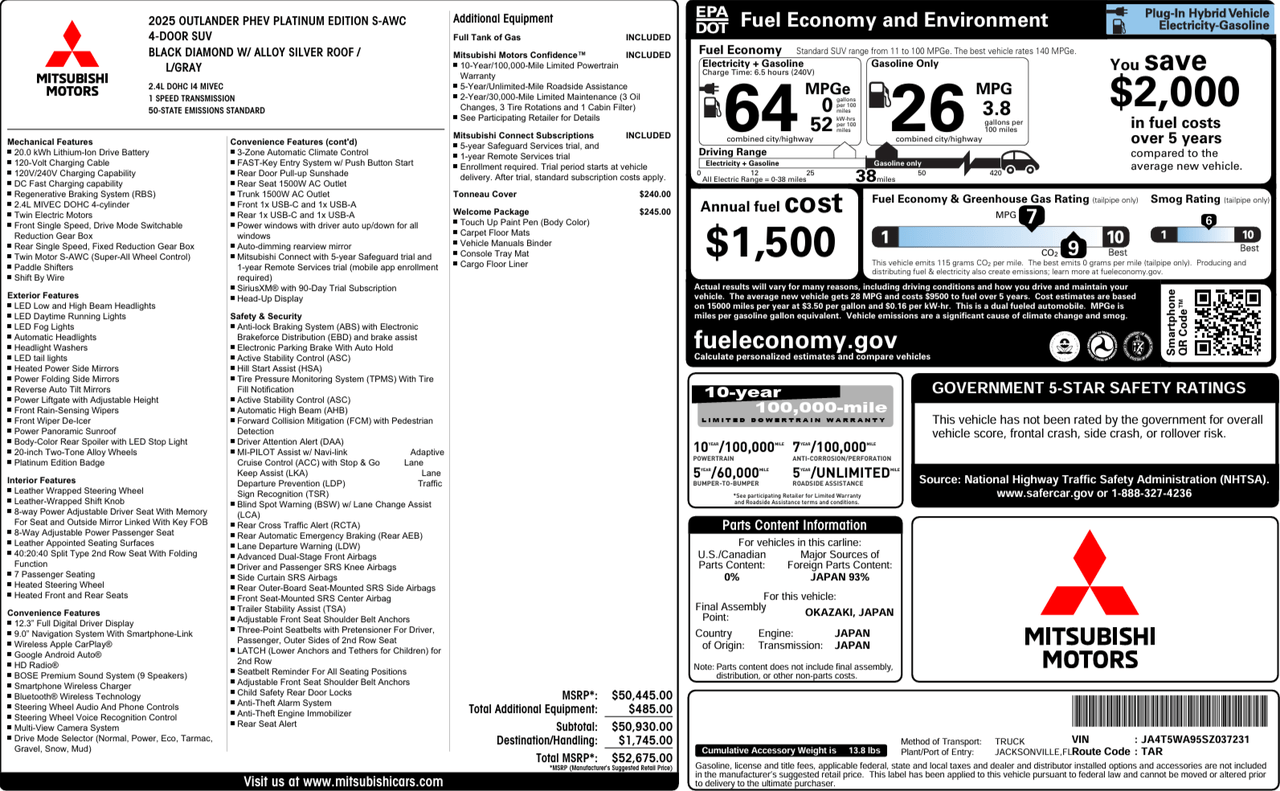 2025 Mitsubishi Outlander PHEV SEL Platinum Edition Knoxville TN
