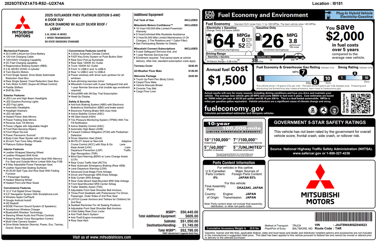 2025 Mitsubishi Outlander Plug-In Hybrid SEL Platinum Edition Knoxville TN