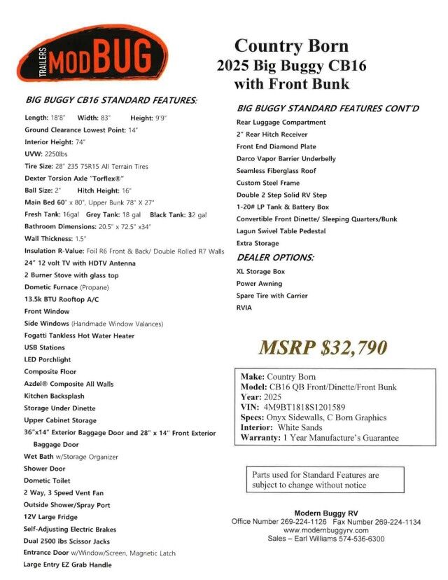 2025 Modern Buggy Country Born CB16 with Front Bunk Wasilla AK