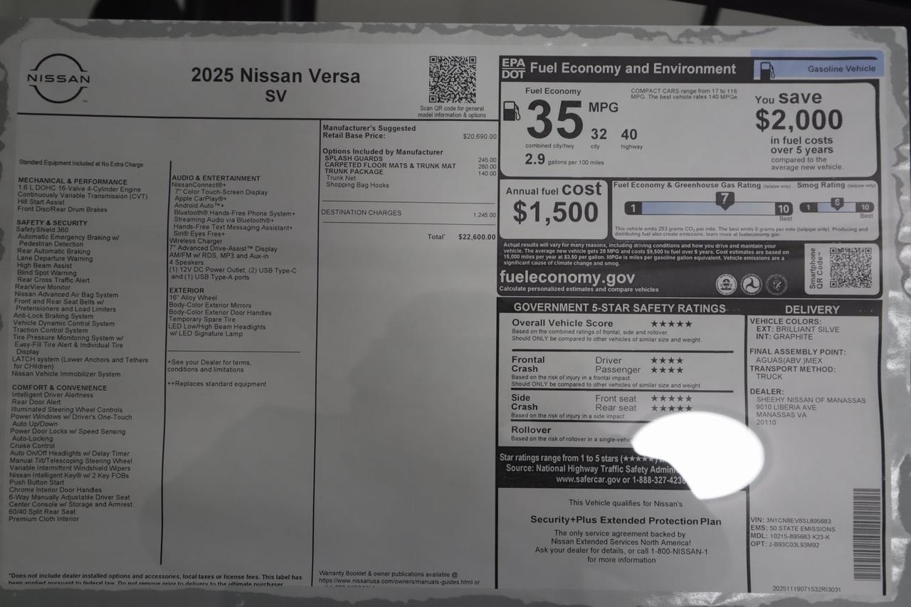 2025 Nissan Versa 1.6 SV Manassas VA