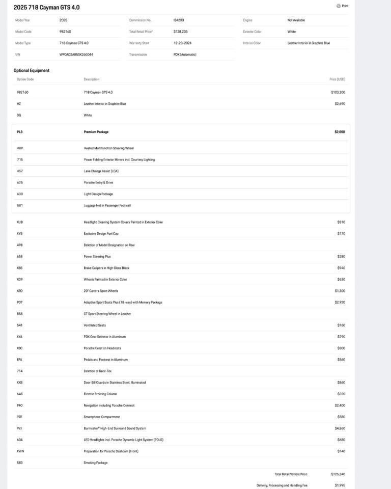 2025 Porsche 718 Cayman GTS 4.0 Pompano Beach FL