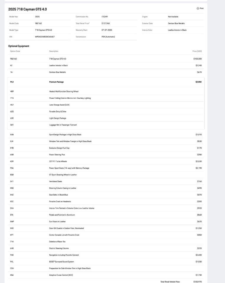 2025 Porsche 718 Cayman GTS 4.0 Pompano Beach FL