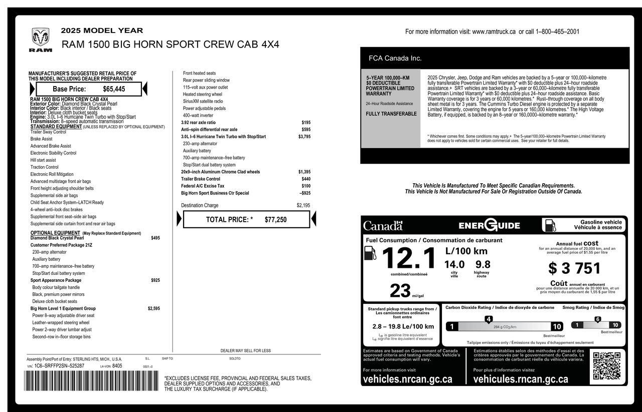 2025 Ram 1500 4x4 Crew Cab Big Horn Sport Pseat Bcam Red Deer AB