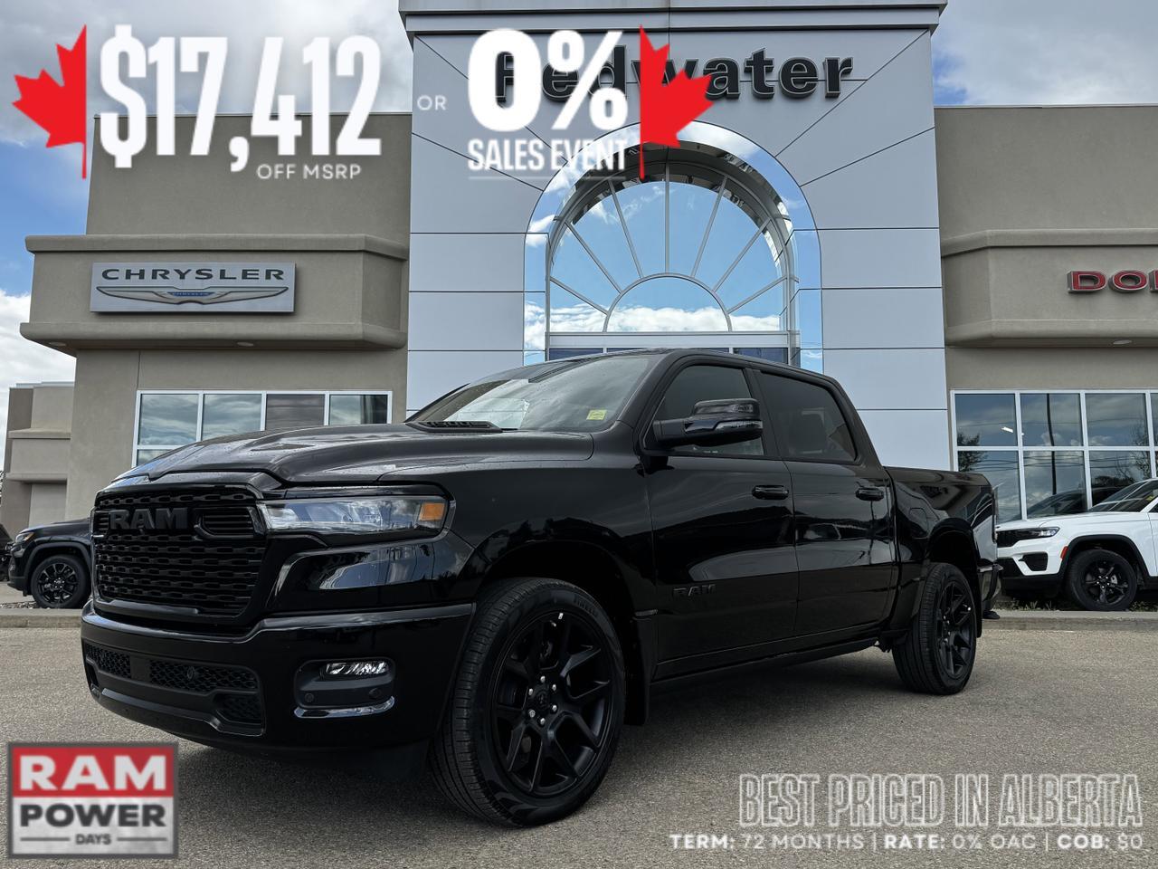 2025 Ram 1500 Sport Night Edition Crew Cab 4x4 | 3L Hurricane | Leather | Heated Vented Seats | NAV | Pano Sunroof Redwater AB