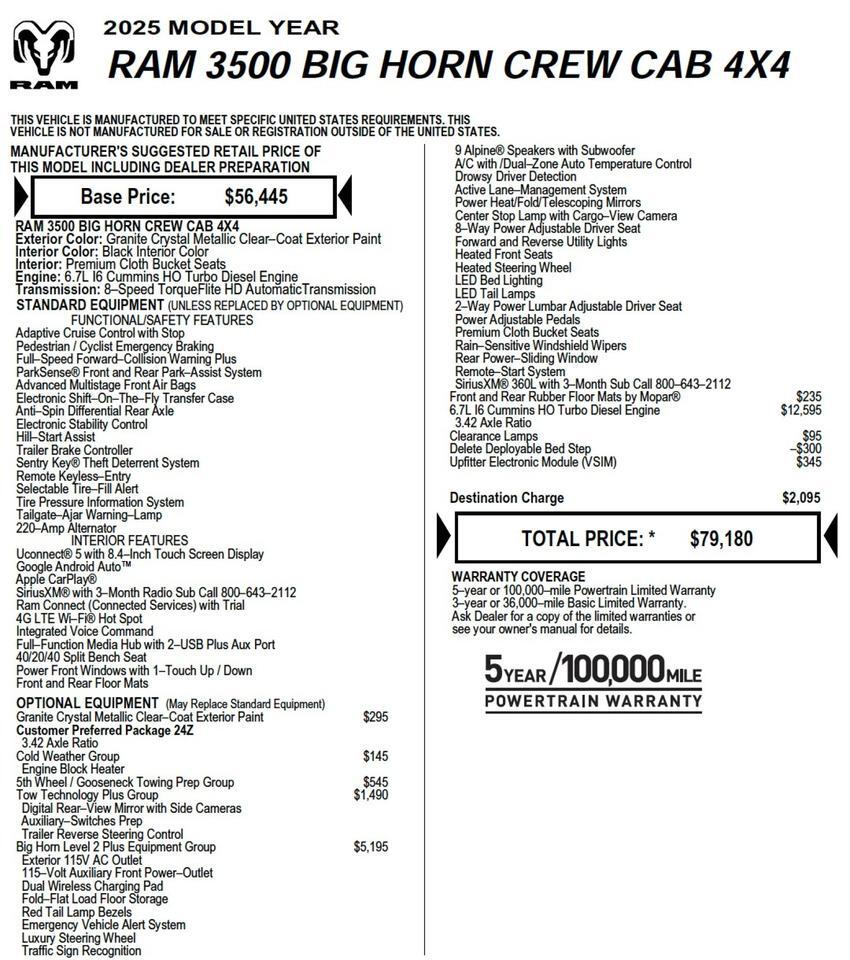 2025 Ram 3500 Big Horn 4X4 / Level 2 Plus Equipment / HO Diesel! Lincolnton NC