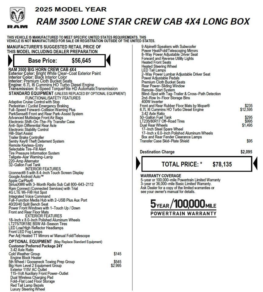 2025 Ram 3500 Lone Star 4X4 / DRW / HO Turbo Diesel / Long Box! Lincolnton NC