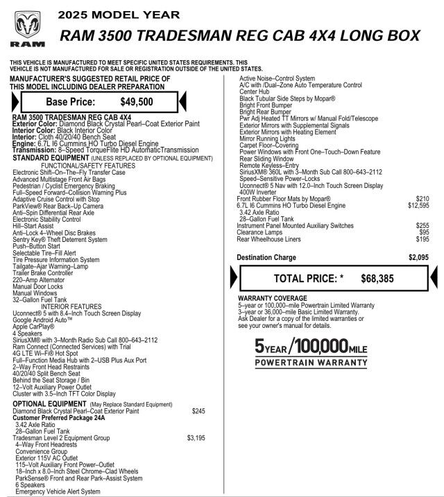 2025 Ram 3500 Tradesman 4X4 / HO Diesel / Level 2 Equipment Group! High Point NC