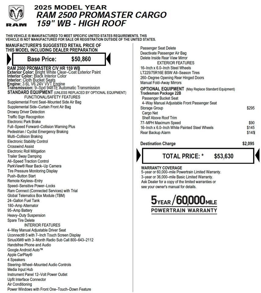 2025 Ram ProMaster 2500 Cargo Van Tradesman / High Roof / Storage Group! Lincolnton NC