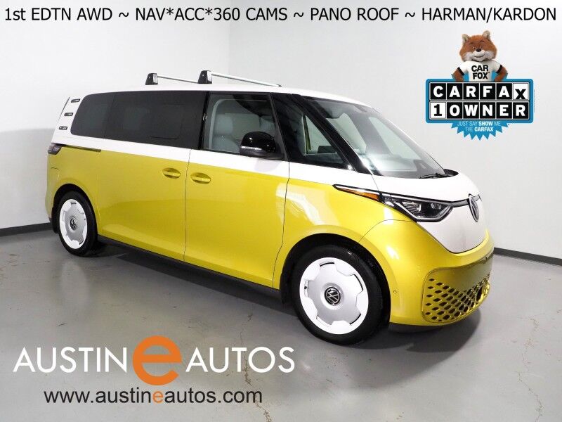 2025 Volkswagen ID. Buzz 1st Edition 4MOTION *NAVIGATION, ADAPTIVE CRUISE, SAFETY ALERTS, 360 CAMERAS, PANO GLASS ROOF, CLIMATE MASSAGE SEATS, HEATED STEERING, 2ND ROW CAPTAIN'S, HARMAN/KARDON, WIRELESS CHARGING, ANDROID & APPLE