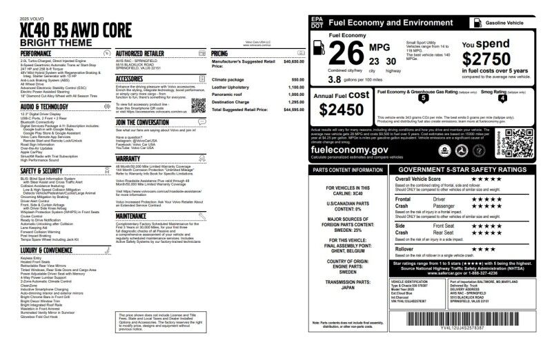 2025 Volvo XC40 Core Bright Theme - LEATHER - SUNROOF Webster MA