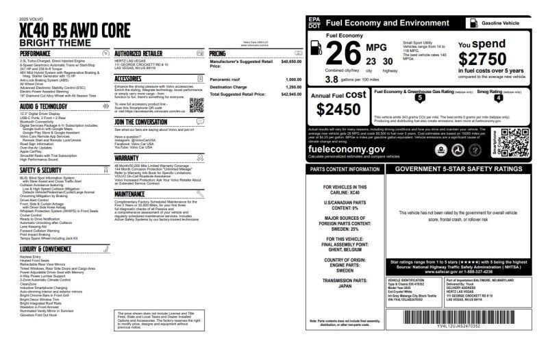 2025 Volvo XC40 Core Bright Theme - LIKE NEW - PANORAMIC SUNROOF Webster MA