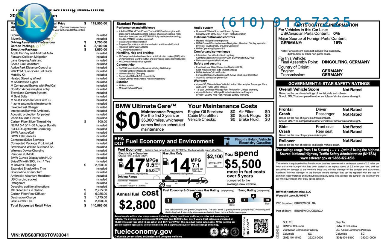 2026 BMW M5 Sedan AWD CARBON PKG $140,565 MSRP