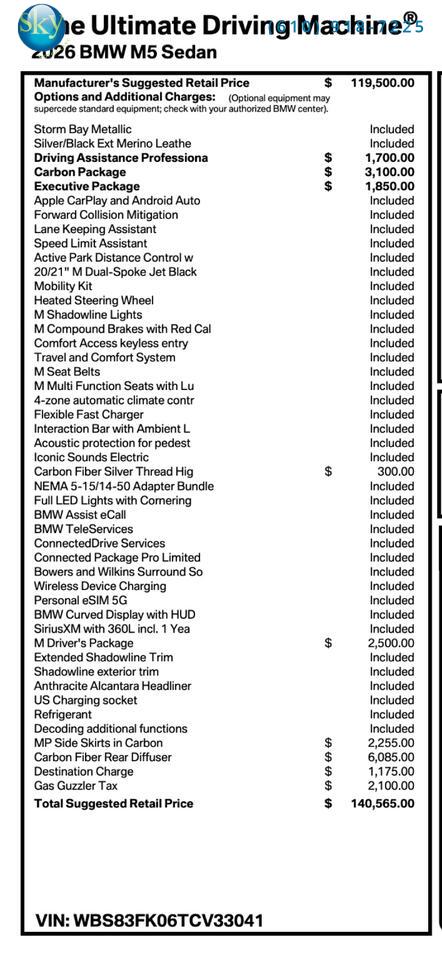 2026 BMW M5 Sedan AWD CARBON PKG $140,565 MSRP