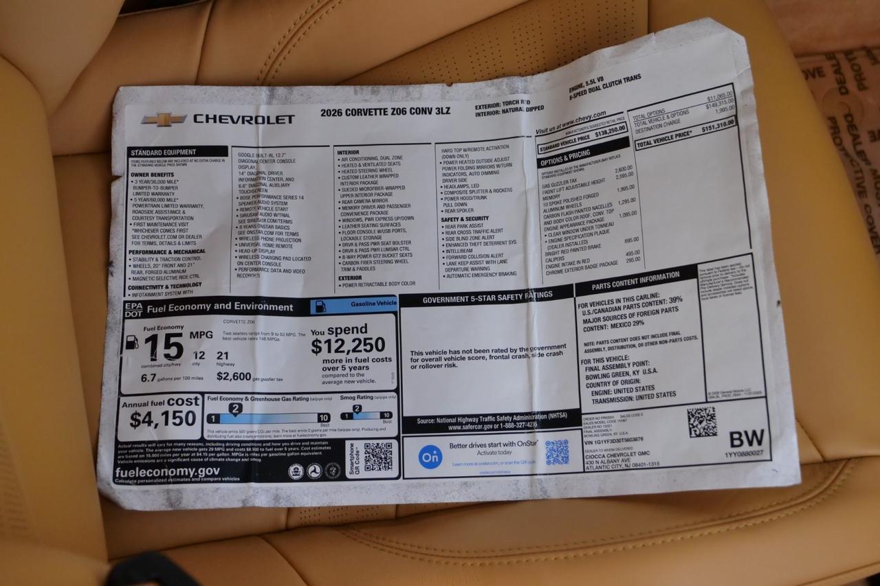 2026 Chevrolet Corvette Z06 Convertible 3LZ / Front Lift / Engine Appearance PKG! Lincolnton NC
