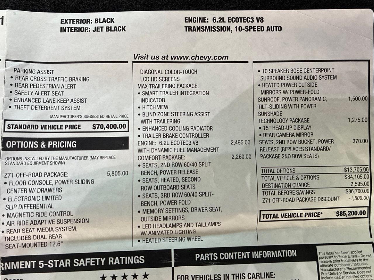 2026 Chevrolet Tahoe Z71, 6.2L, Z71 Off-Road Pkg (Air Suspension), Comfort Pkg, Pano Roof, Tech Pkg, Buckets Houston TX