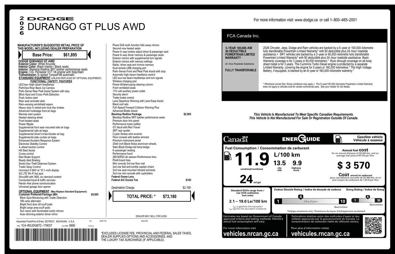 2026 Dodge Durango AWD GT Plus Leather Nav BCam Red Deer AB