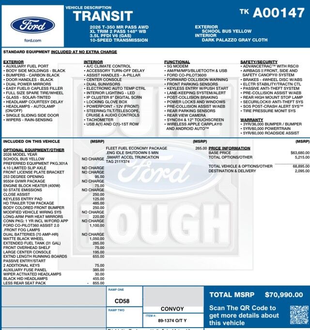 2026 Ford T-350 XL / AWD / Medium Roof / Co-Pilot360 / Trailer Tow PKG! High Point NC