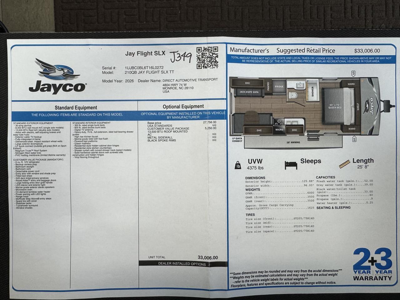2026 JAYCO JAY FLIGHT SLX 210QB Monroe NC