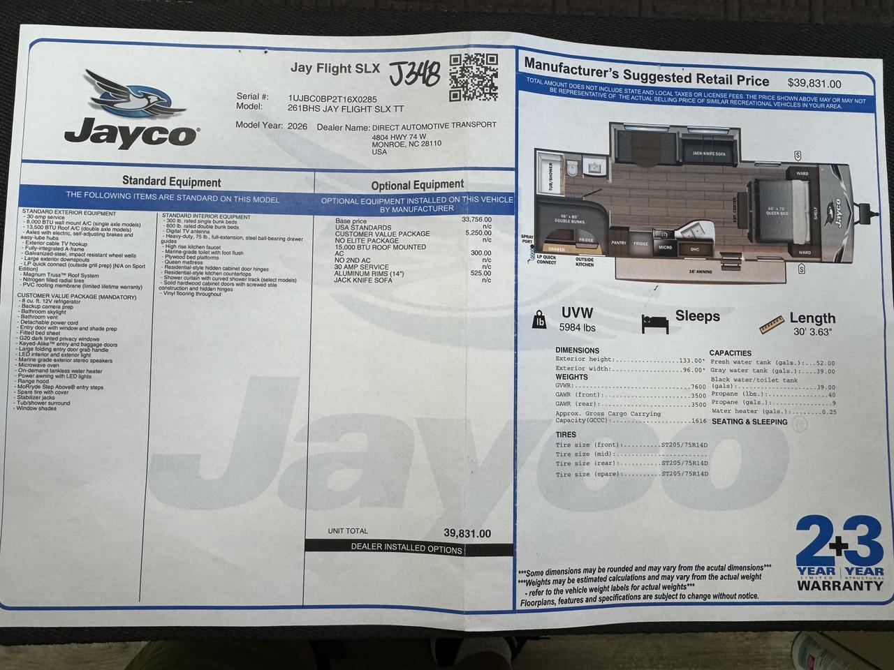 2026 JAYCO JAY FLIGHT SLX 261BHS Monroe NC
