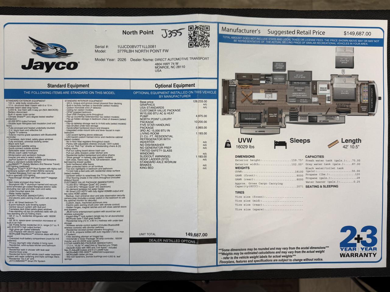 2026 JAYCO NORTH POINT FW 377RLBH Monroe NC
