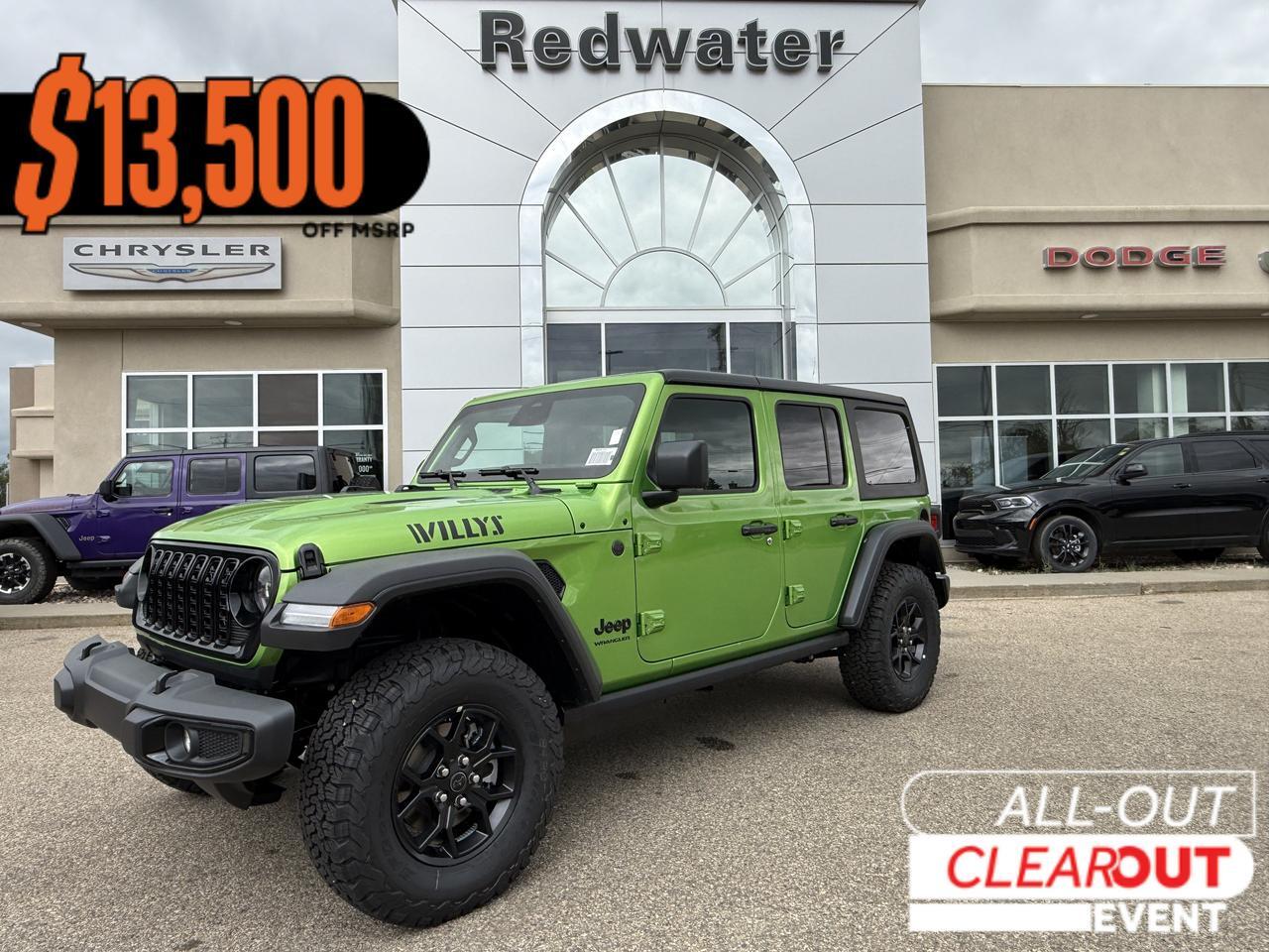 2026 Jeep Wrangler Willys 4x4 | V6 Pentastar | Mojito | Black Leather | Black Freedom 3 Piece Hardtop | 12IN Display