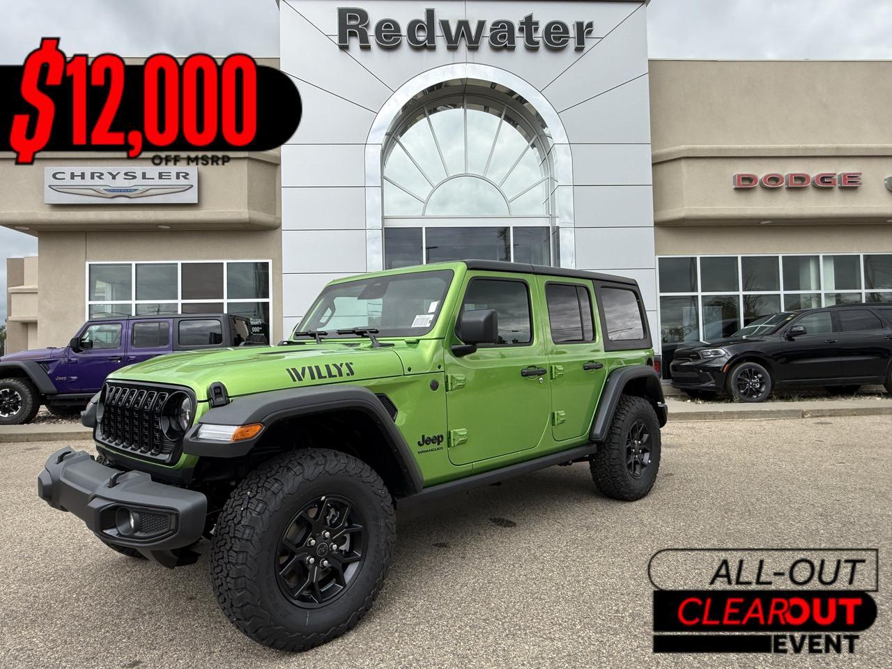 2026 Jeep Wrangler Willys 4x4 | V6 Pentastar | Mojito | Black Leather | Black Freedom 3 Piece Hardtop | 12IN Display