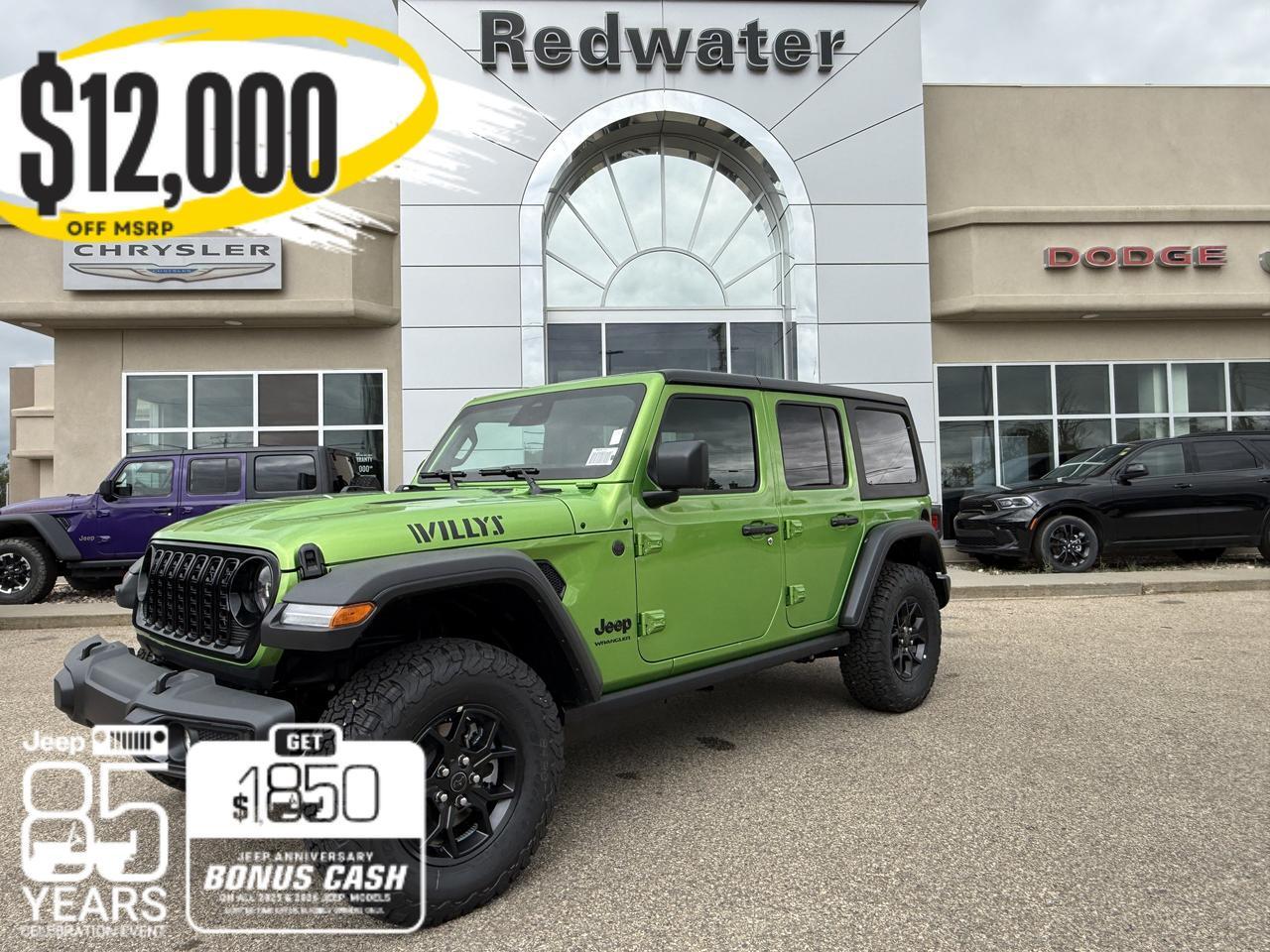 2026 Jeep Wrangler Willys 4x4 | V6 Pentastar | Mojito | Black Leather | Black Freedom 3 Piece Hardtop | 12IN Display