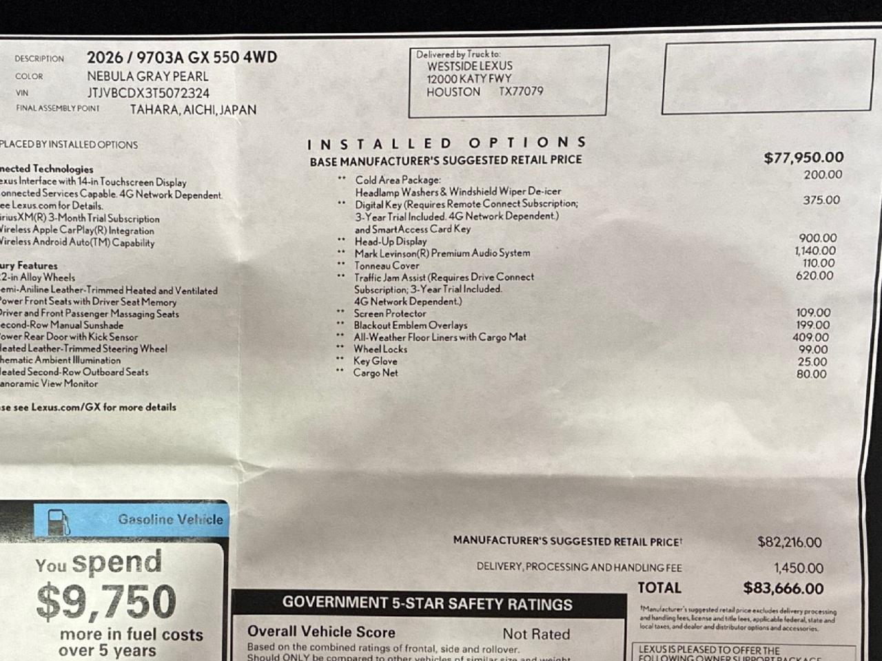 2026 Lexus GX550 Luxury, Bench, Cold Area Pkg, HUD, ML Sound, Traffic Jam Assist, Black Out Emblems, All Weather Mats, Digital Key Houston TX
