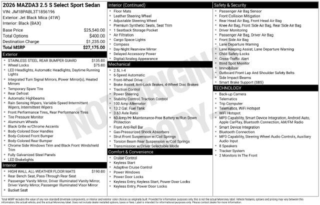 2026 MAZDA Mazda3 2.5 S Select Sport Raleigh NC