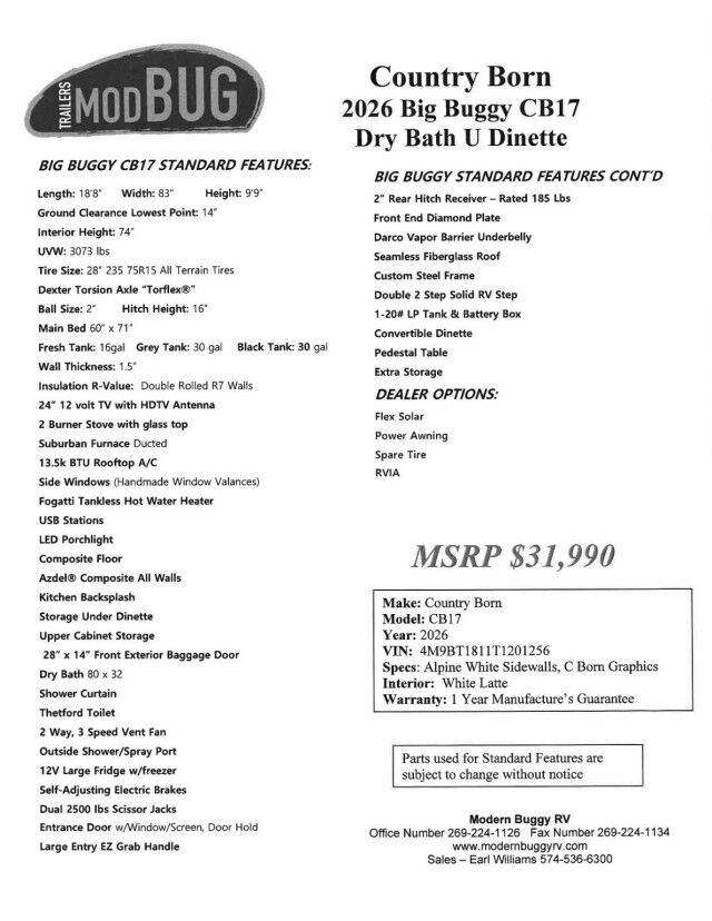 2026 MODERN BUGGY BIG BUGGY CB17 / Suburban Furnace / 13.5k BTU Rooftop AC / Stainless Steel Sink & Dual Burner Stove / 24 Inch Flat screen / Power Exterior Awning / 14 Inch Ground Clearance / All Terrain Tires / Tow Pkg / 3073lbs UVW Anchorage AK