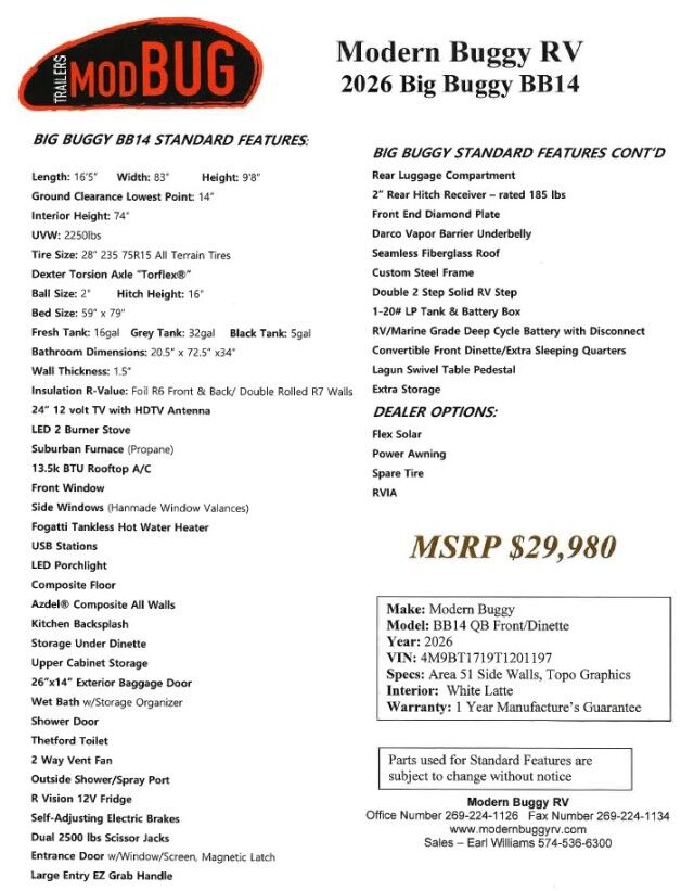 2026 MODERN BUGGY Big Buggy BB14 / Sleeps 4 / Dometic Heating & A/C / Stainless Steel Sink & Dual Burner Stove / 24 Flat screen / Power Awning / LiteLeaf Solar Panel / 14 Ground Clearance / Tow Pkg / 3500 GVWR Anchorage AK
