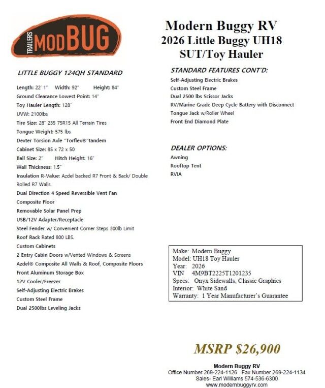 2026 MODERN BUGGY ULTIMATE HAULER UH18 / Dual 3500LBS Axles / 4500LBS Payload / Bed 10.6ft x 5.8ft / GVWR 7000LBS / Sleeps 4 / RECPRO Roof Tent & Awning / Camco Electric cooler / Perfect Aire AC / Solar Power / All Terrain Tires Anchorage AK