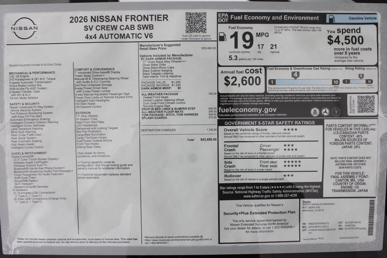 2026 Nissan Frontier SV Manassas VA