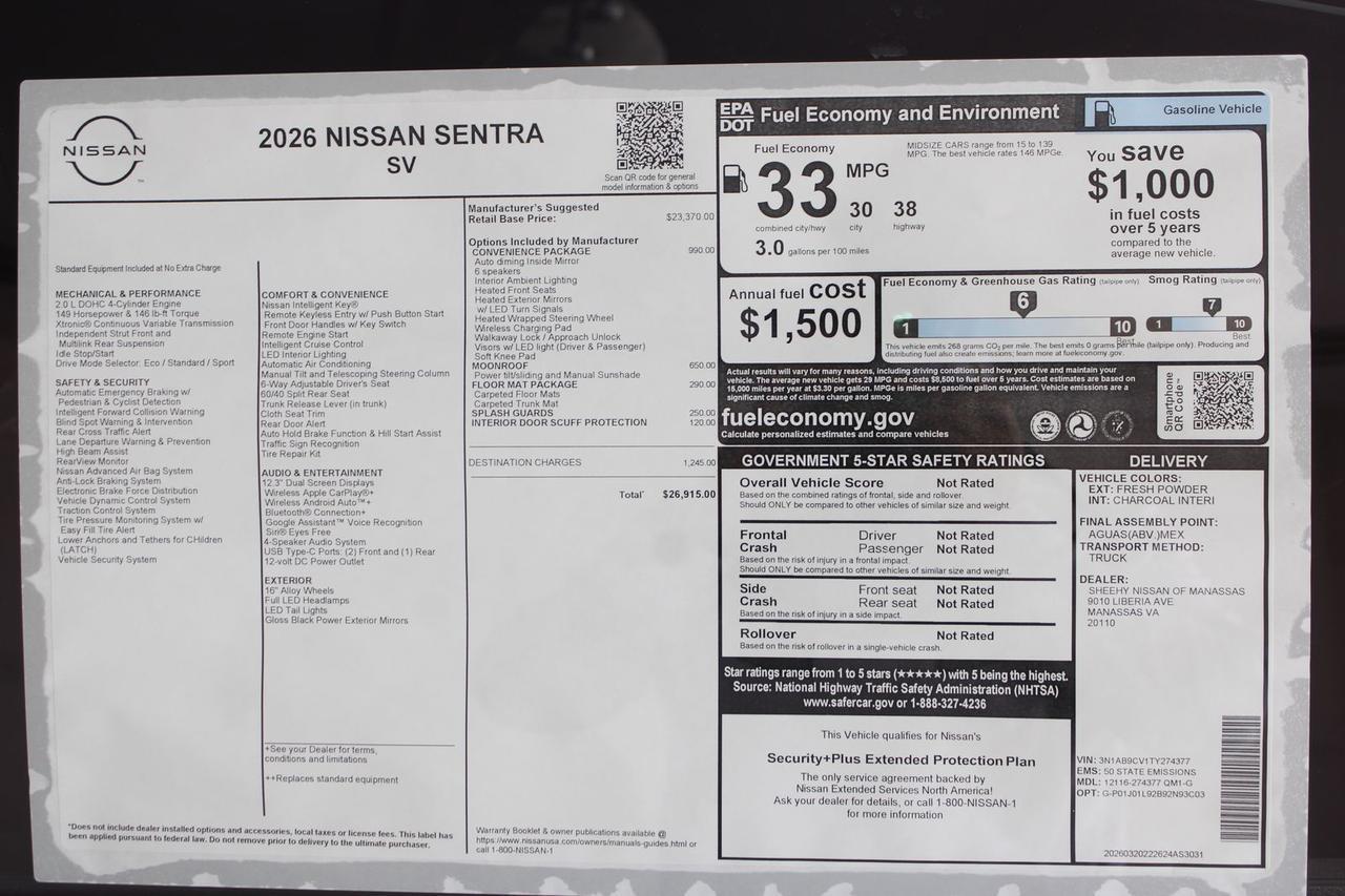 2026 Nissan Sentra SV Manassas VA