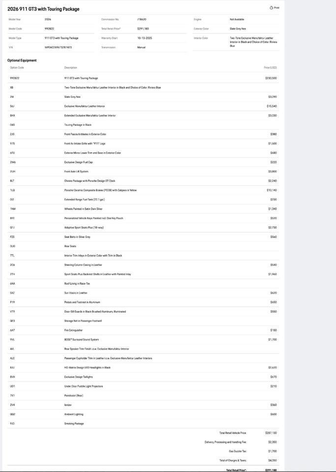 2026 Porsche 911 GT3 w/Touring Package Pompano Beach FL