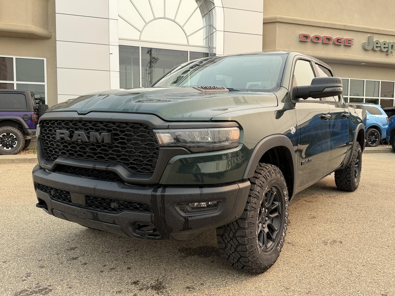 2026 Ram 1500 Rebel Crew Cab 4x4 | Serrano Green | NAV | Panoramic Sunroof | Luxury Leather | Heated Vented Redwater AB