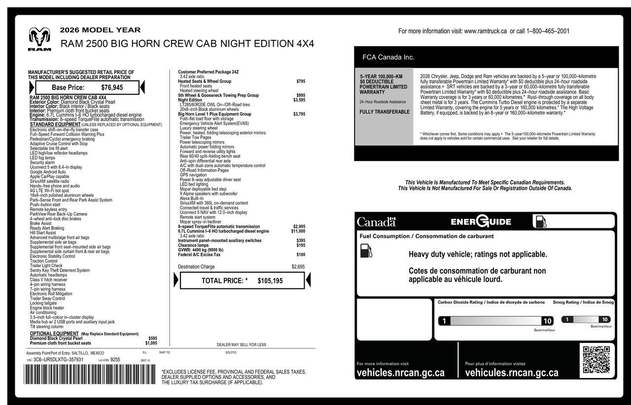 2026 Ram 2500 4x4 Crew Cab Big Horn Night Edition Diesel Nav Bcam Red Deer AB