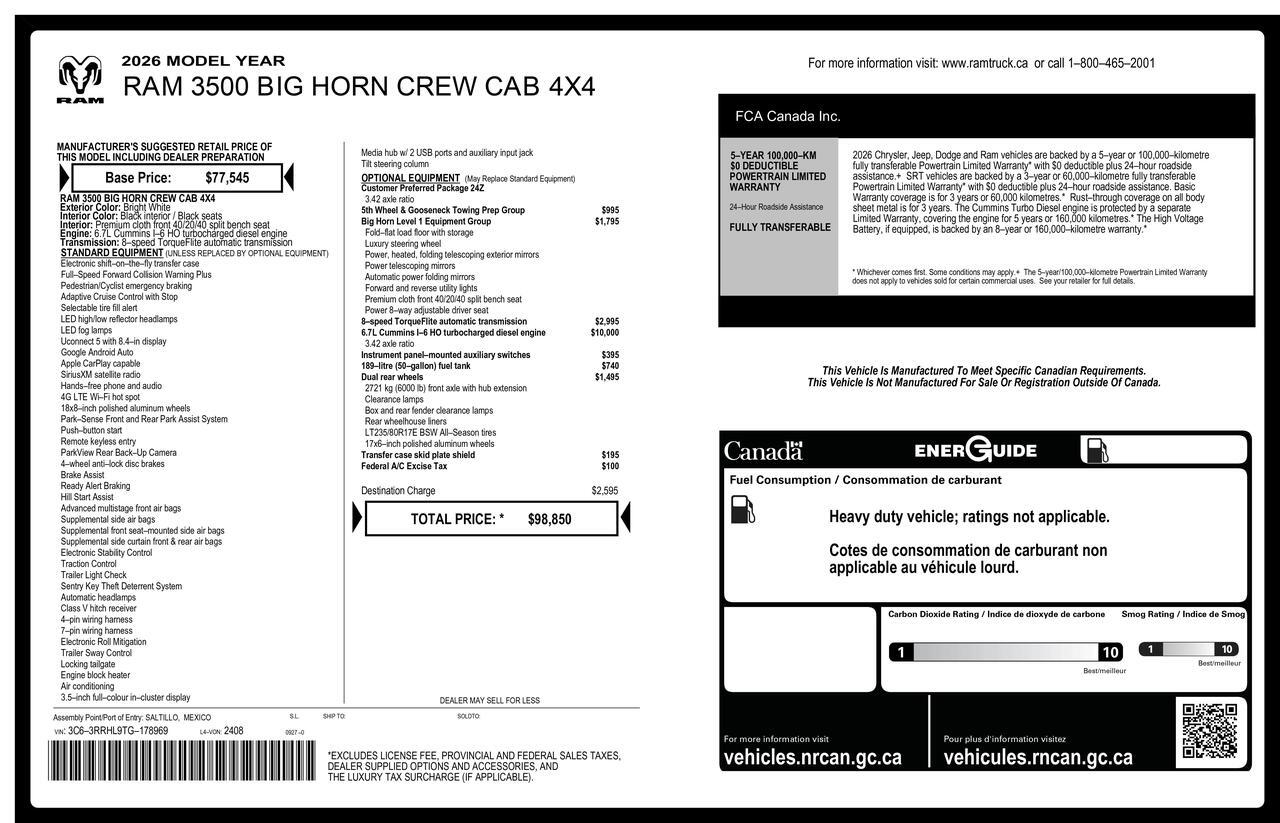 2026 Ram 3500 4x4 Crew Cab Big Horn Dually Diesel BCam Red Deer AB