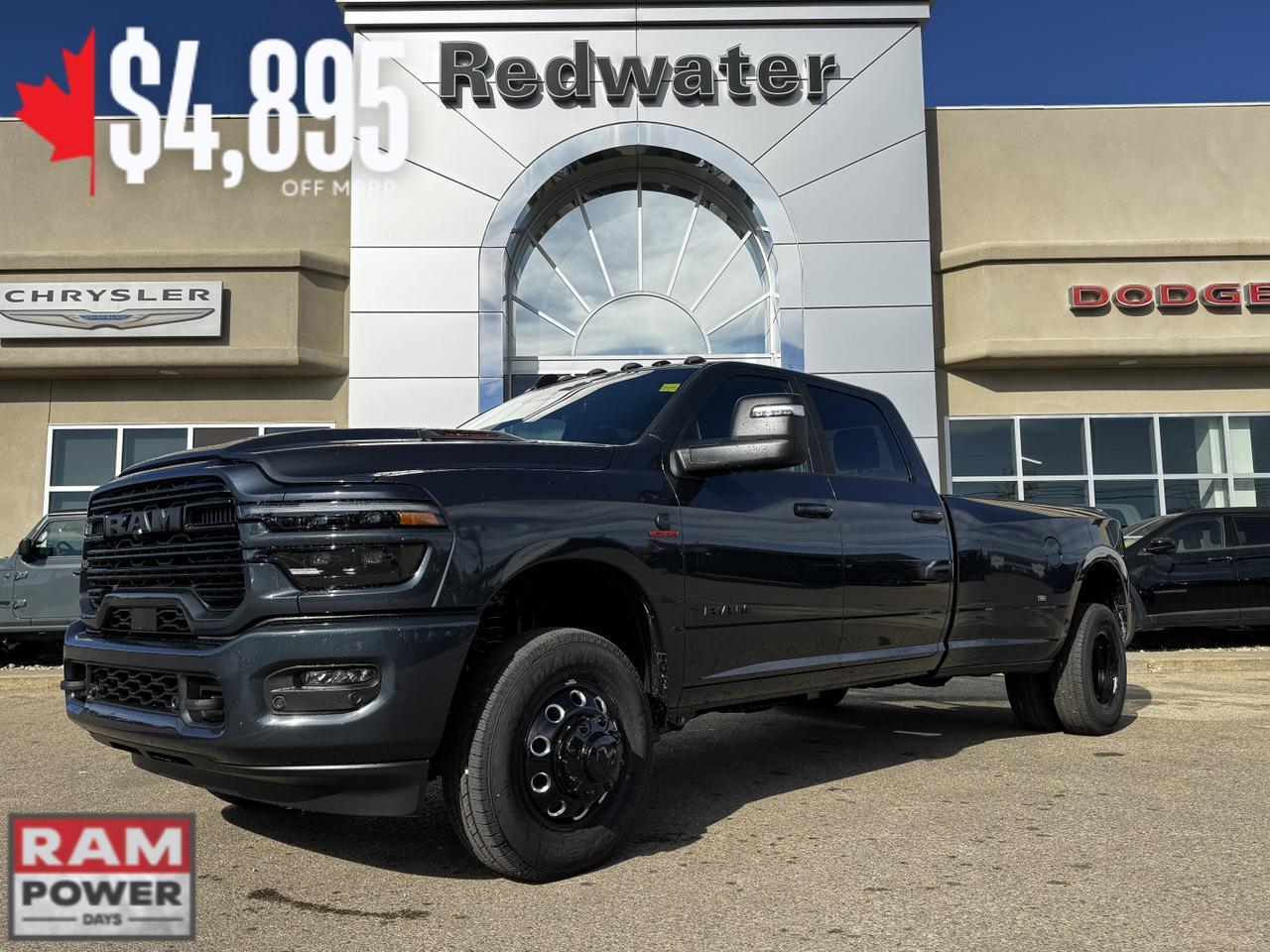 2026 Ram 3500 Laramie Night Edition Dually Crew Cab 4x4 | Cummins Diesel | Sport Hood | Sunroof | Leather Redwater AB